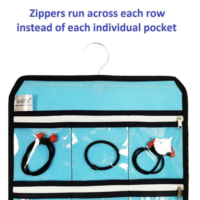 ANIZER Travel Foldable Jewelry Rolls Bag Hanging Jewelry Organizer with 9 Zippered Clear Pockets Storage Pouch with Rotatable Hanger (BLUE) - Image 5